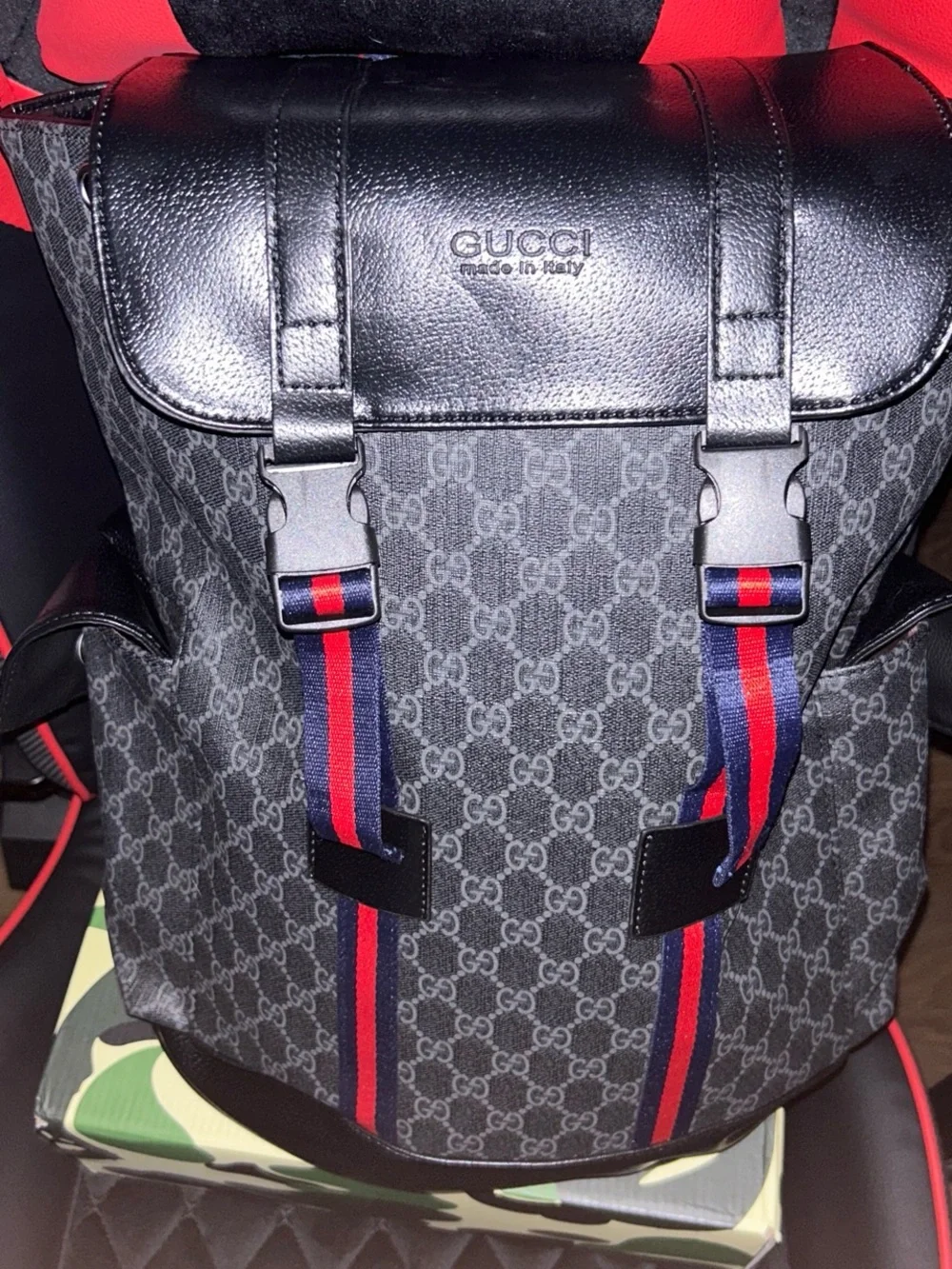 Gucci Gray GG Supreme Canvas Backpack with Red and Blue Web Straps